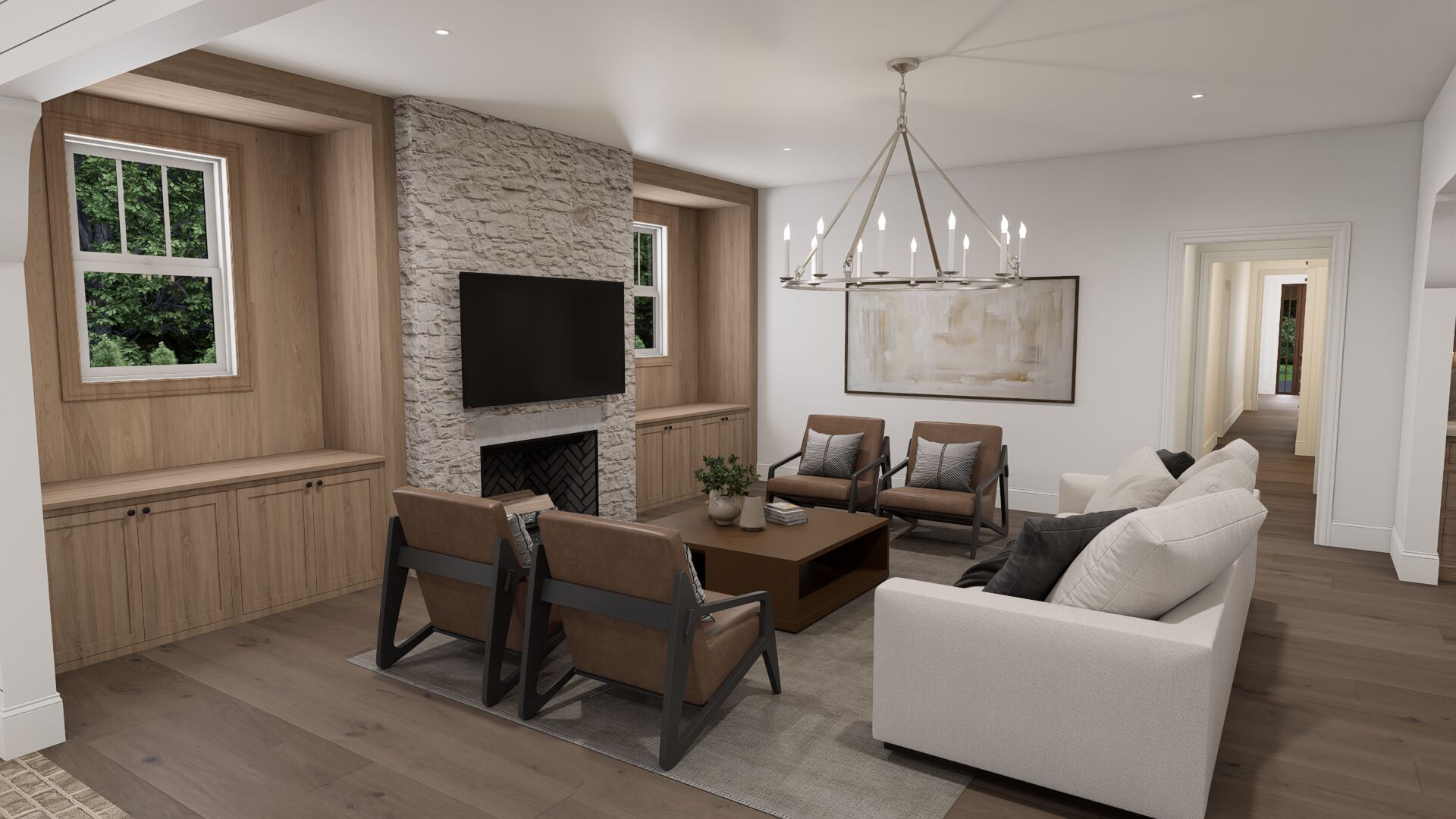 S Douglas living room with stone fireplace