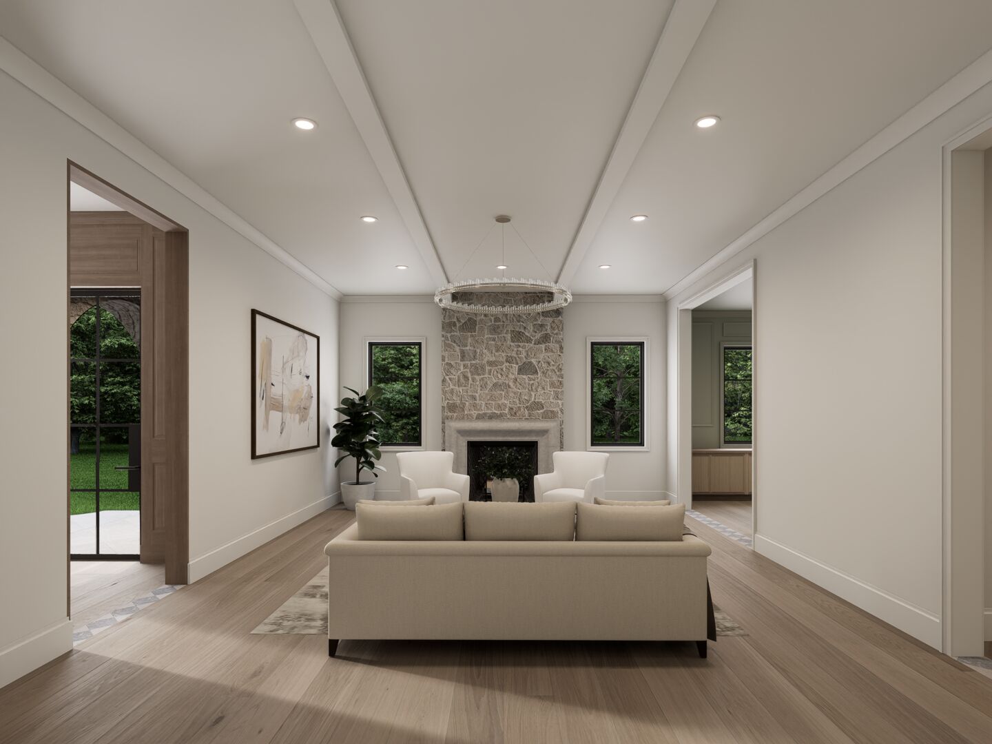 Living room with stone fireplace